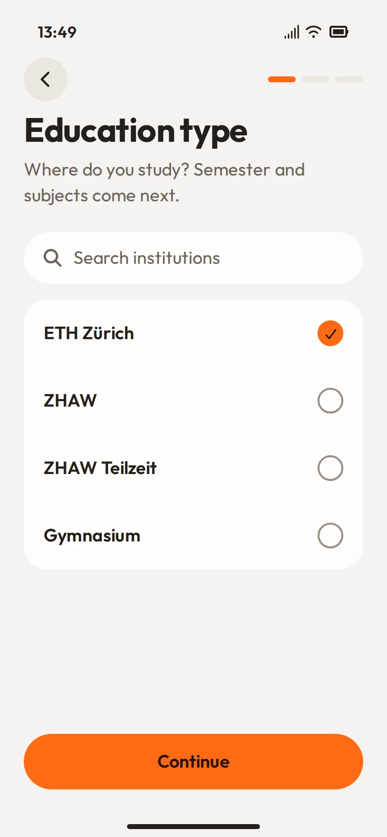 App screen: Education type